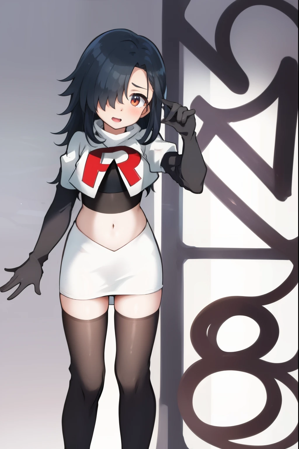 absurdres,masterpiece, best quality, highres, high quality, 1girl,black hair, long hair, hair over one eye,team rocket,team rocket uniform,white skirt,red letter R,crop top,black thigh-highs,black elbow gloves,