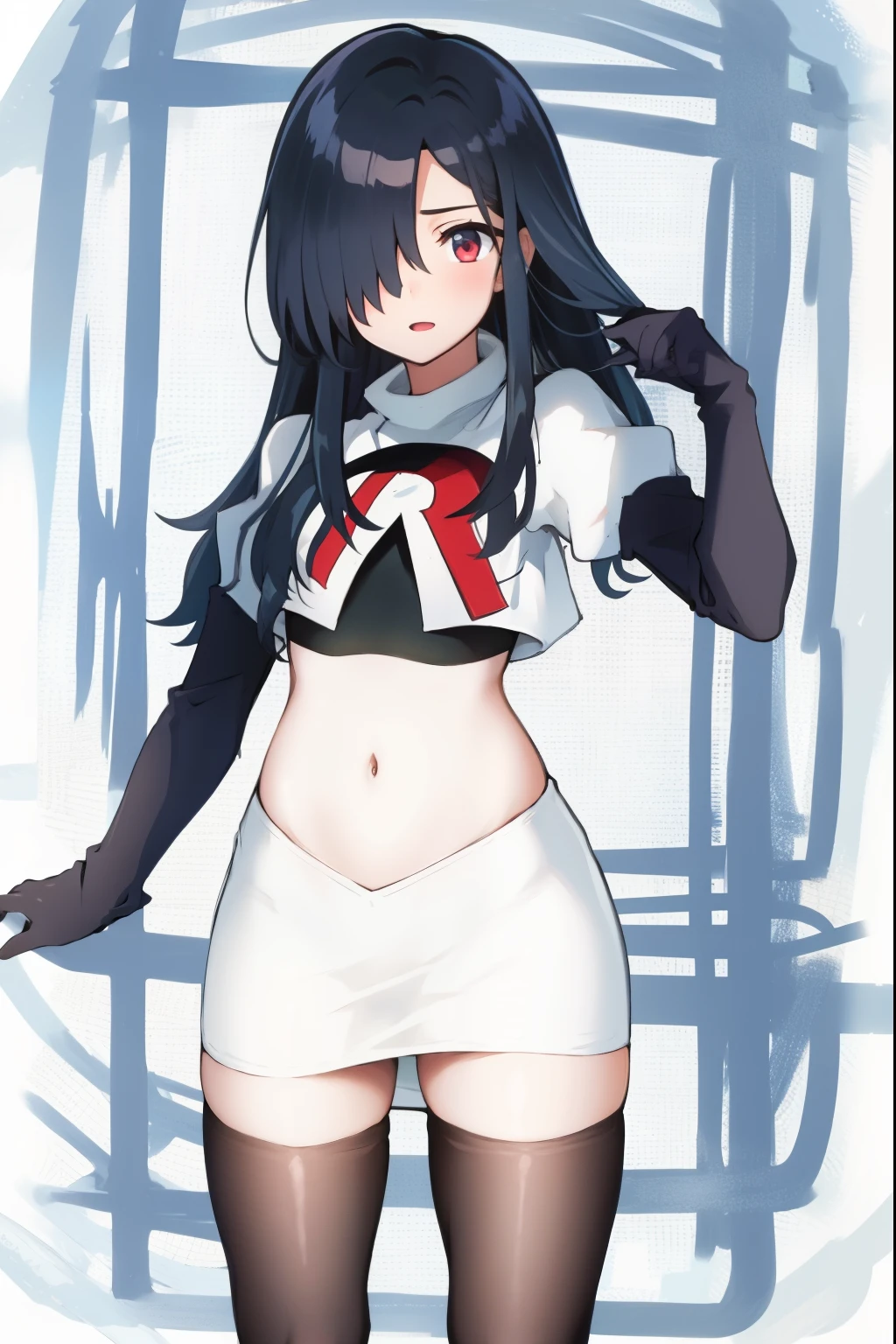absurdres,masterpiece, best quality, highres, high quality, 1girl,black hair, long hair, hair over one eye,team rocket,team rocket uniform,white skirt,red letter R,crop top,black thigh-highs,black elbow gloves,