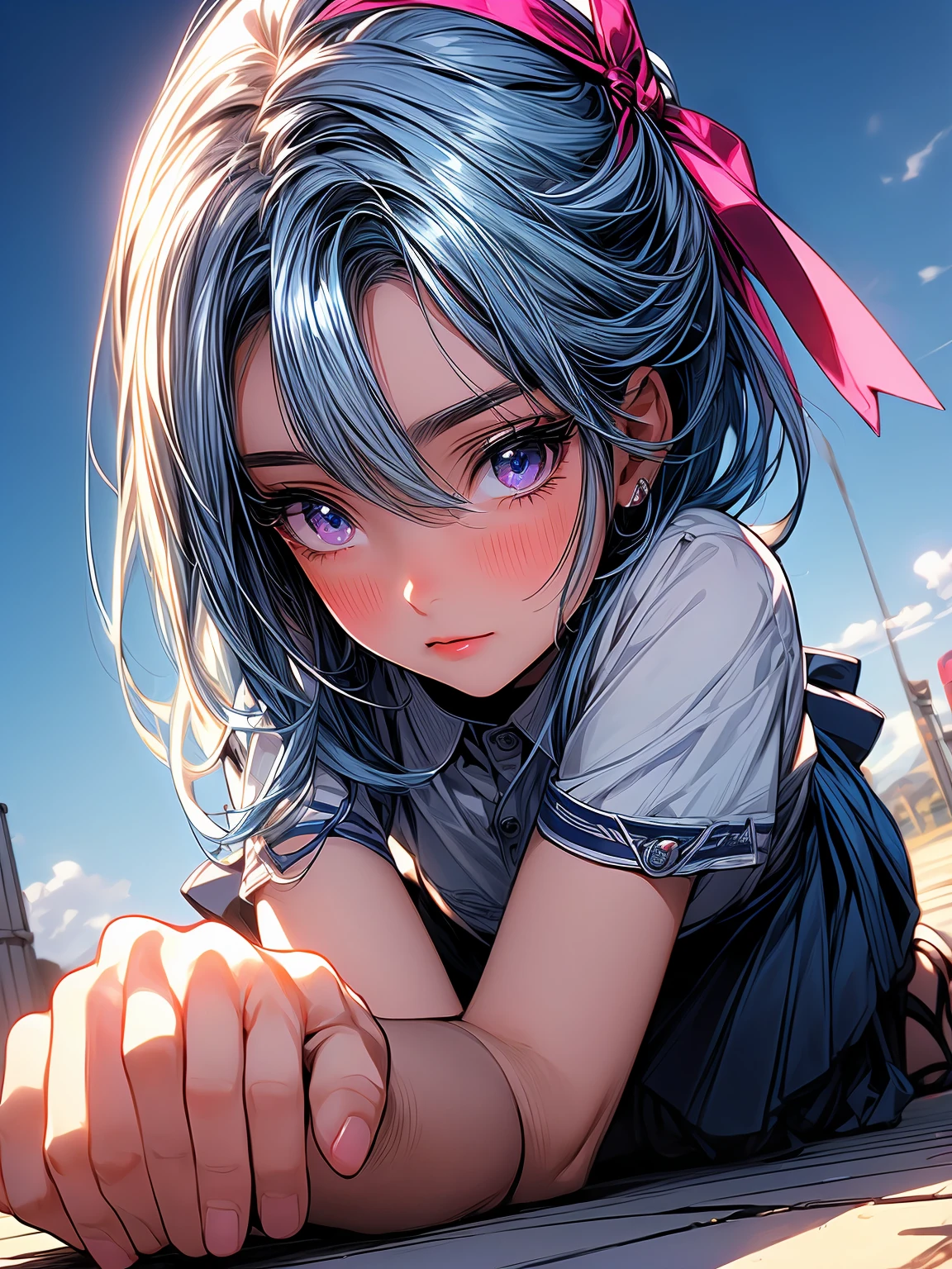 (detailed beautiful eyes and detailed face, masterpiece side light, masterpiece, best quality, detailed, high resolution illustration), (1 girl, beautiful girl, shiny skin), (sky blue hair, pink colored eyes, skirt, ribbon, button- shirt)(kneeling on the ground)