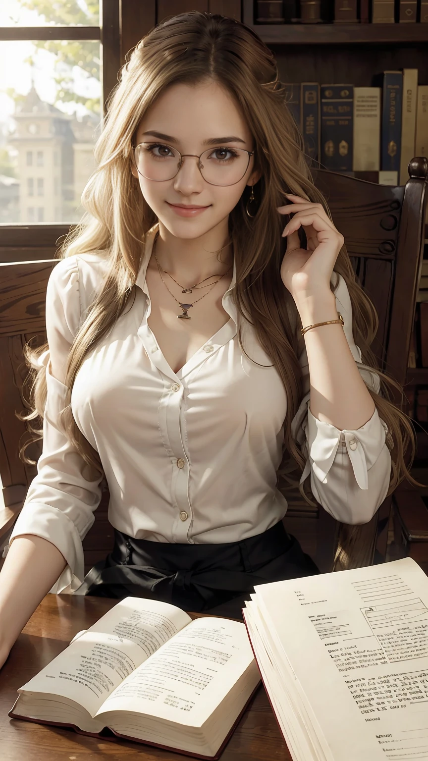 22 year old white female、hair color is brown、brown eyes、long hair、straight hair、accessories on wrist、wearing a necklace、has earrings、skin is smooth、Slender but muscular body、smile、Inside a historic library、I am sitting on a chair in front of a desk with many old documents piled up on it.、holding a pen and writing on paper、wearing a blouse、wears glasses with thin frames