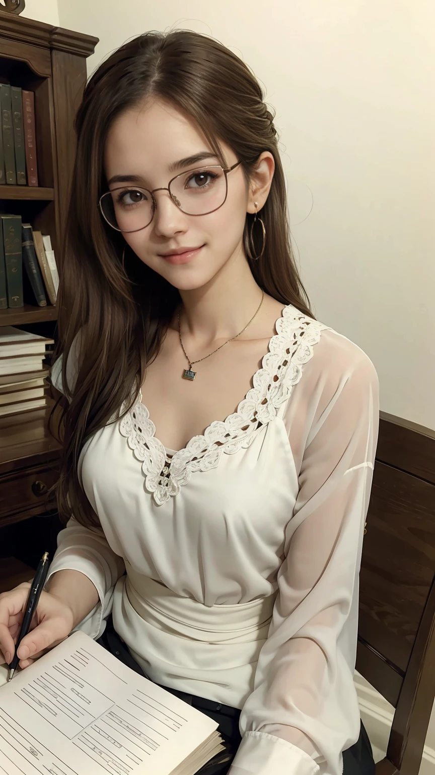 22 year old white female、hair color is brown、brown eyes、long hair、straight hair、accessories on wrist、wearing a necklace、has earrings、skin is smooth、Slender but muscular body、smile、Inside a historic library、I am sitting on a chair in front of a desk with many old documents piled up on it.、holding a pen and writing on paper、wearing a blouse、wears glasses with thin frames
