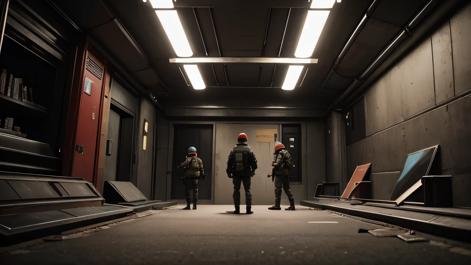 Intriguing future science fiction social drama artwork depicting a clandestine meeting between rebels plotting against a totalitarian regime in an underground resistance hideout. Inspired by the atmospheric compositions in Simon Stalenhag's work, use a digital medium to convey the underground setting with dim, flickering lights and advanced technological equipment. Employ a color palette dominated by muted earth tones and subdued red accents to evoke tension and secrecy. Choose a Wacom Intuos Pro and Clip Studio Paint for precise control, crafting a composition that emphasizes the characters' determination against the oppressive backdrop.