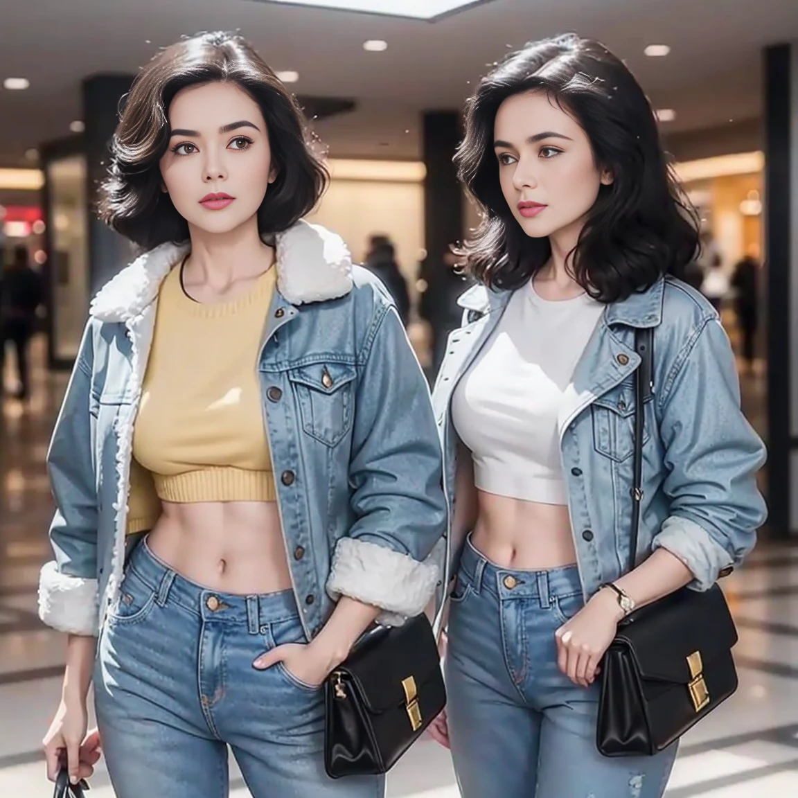 gorgeous cute Austrian girl, (crop  top), black hair loose  hair, wears a yellow top , blue boots, standing in mall with hand bags, black fluffy clothes, short jeans and long jacket  , looking  towards camera , perfectly symmetrical face, realistic detailed skin, 4k , HDR, hard shadows, art photography, sharp focus, masterpiece, breathtaking, atmospheric perspective, diffusion, pore correlation, skin imperfections, 80mm Sigma f2, depth of field, intricate natural lighting