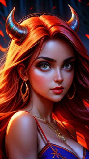 uma mulher com cabelos ruivos e chifres de diabo, ( chifres de diabo: 1.0) em frente a uma fogueira, beautiful together, cosubedieval, together, garota demon, vermelho brilhante, vermelho brilhante eyes, with vermelho brilhante eyes, with olhos vermelhos brilhantes, olhos vermelhos brilhantes, demon, Alena Aenami e Artgerm, together in sundress portrait