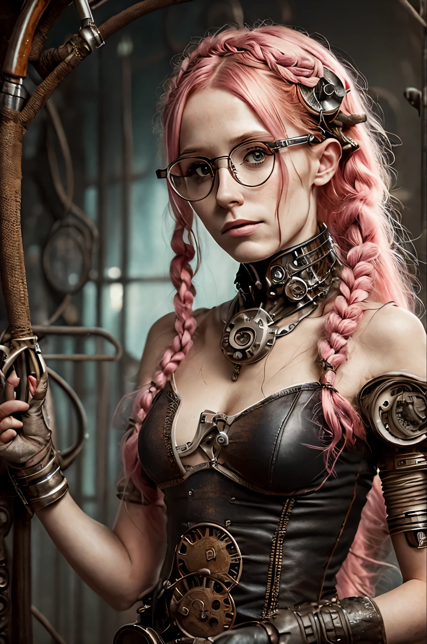 (Realisttic:1.2), analog photo style, Beautiful Elf woman, posing, with freckles and glasses and long pink hair braided, (steampunk dark fantasy atmosphere), soft natural light, cute and sexy, great quality, Masterpiece, detailed strange background, better performance, 16k quality, RAW photo