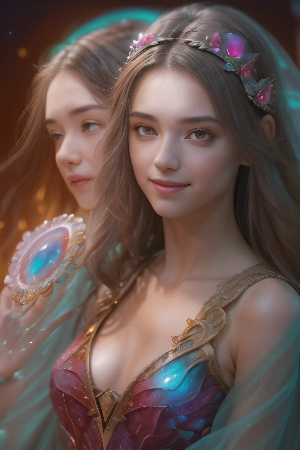 (Two beautiful teenage italian girls:1.6), Close friends, (They are hugging each other:1.2), Kiss her cheek or chest,(Detailed iridescent bodysuit with beautiful fractal or marble design:1.5), Incredible and spectacular scenes, ((High quality)), ((Detailed)), ((Fantasy)), Blue Plasma Brain, Green Plasma Body, Showing her armpits, beutiful breast, ?????????, (???? smile:1.2), coarse, Obscene, (Immoral:1.2), Lachish, (small breasts with beautiful raised pink areolas,,,:1.5), (Cameltoe), (Expression of ecstasy:1.2), Photorealistic, Official art, Unity 8K Wall , 8K Portrait, Best Quality, Very high resolution, (Incredibly beautiful nature background:1.6), (18 years old:1.5), (Sexy and glamorous:1.1), (A coquettish expression:1.6), (seductively smiling:1.6), (?????? posing:1.9), (Model Posing:1.8), Beautiful seductive face, Portrait, (Thick eyebrows:1.4), (Big scarlet eyes:1.6), Beautiful eyes with fine symmetry, (Ultra detailed eyes:1.4),(Highly detailed face and eyes:1.7), (High-resolution red-eye:1.8), Intimate face, (ultra detailed skin texture:1.4), White skin, pale skin, Perfect ???????, Thin, (Beautiful toned body:1.5), Highly detailed hair, (Moist skin:1.2), No makeup, (dark circles:1.1), Good anatomy, Focus Face, good-looking, (Emilia Clark:0.6) (Emma watson:0.3),(Jennifer Connelly:0.4), Elegant face, Nice, (A delicately crafted necklace is wrapped around her neck...), (Bioluminescence with brilliant brilliance:1.4), (Luminous magic circle:1.5), Ruins of an ancient castle, Shining majestic cloud masses and sky, lightning bolt, Epic Realistic, (Greg Rutkowski:0.8), (teal and orange:0.4), (Art Station:1.5), Cinematic, (NSFW:1.2), Hyper Detailed, Dramatic light, (Intricate details:1.1), Beautiful black hair, (Wearing a gauntlet with a dense and very beautiful design decorated with jewels:1.1), Small chest, Galaxy, (nebulas:1.6), The Dark Knight, Fully armored body focus