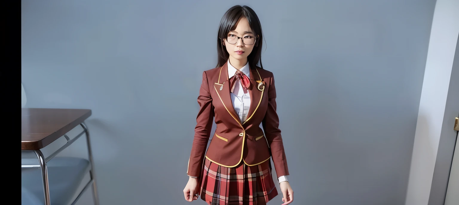 Japanese woman, black hair, wearing blue glasses, school uniform 