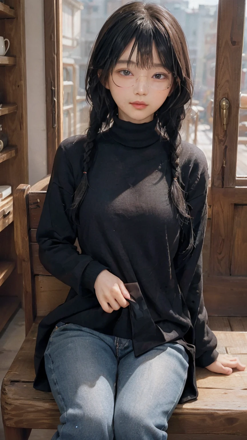 masterpiece, highest quality, one woman, Japanese people in their 20s, (black hair, very short hair, two braids, curly hair, With bangs), (symmetrical beauty, small face, sharp outline, thick eyebrows, dark eyebrows, realistic eyes, double eyelid, droopy eyes, small nose, thick lips, close your mouth), (smile, shy smile), (rimless glasses, glasses with small lenses, square lens), (wheat-colored skin, realistic skin texture, I cup breasts, Slightly plump body type), (jacket:long beige coat, inside:black turtleneck sweater, pants:dark blue long jeans, brown long boots), (sitting, on the chair, Show the whole body, Even the shoes are shown), The background is a Western-style cafe, (face directly toward the camera, looking directly at the viewer, looking at the camera, The whole body is facing towards the viewer., whole body facing towards the camera, face looks straight into the camera).