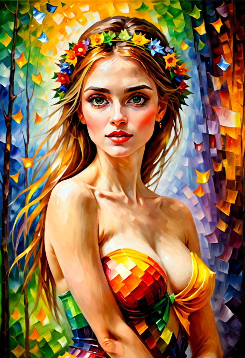 Elf female, by Leonid Afremov, (best quality, masterpiece, Representative work, official art, Professional, 8k:1.3)