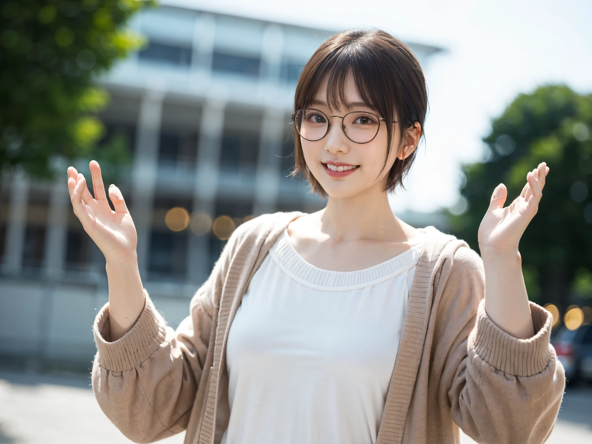 Day本の街でロングコートを着てポーズをとる女性、highest quality、1 girl、small box、Day、shine、blur background、Bokeh、outside the house、(street:0.8)、woman wearing glasses、thin frame glasses、round lens glasses、thin gold glasses frames、、luxury(short hair、amount:1.2)、Beautiful sky drawn in detail、(dynamic pose:1.2)、 (Upper body:0.5)、soft lighting、Wind、glowing skin、laughter、long coat over sweater