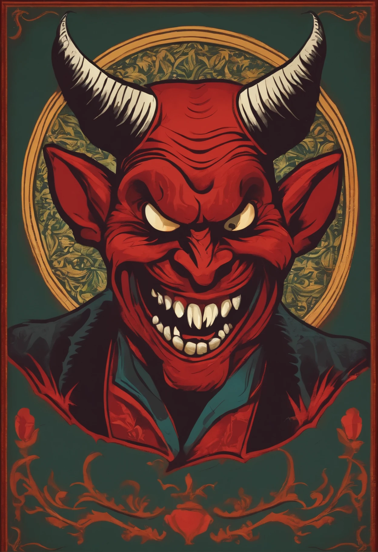 Old devil on hand sewing evil laugh logo