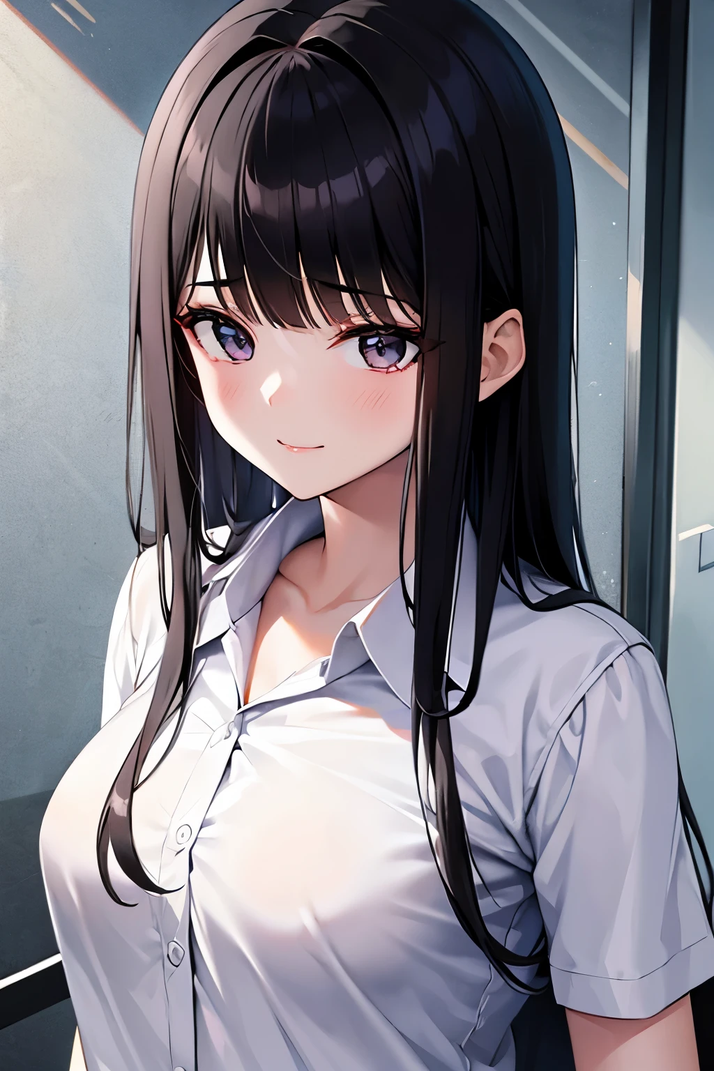 Straight black hair long hairstyle cute white shirt face Erotic Front facing 20th generation Look younger Sex upward glance small face The background is an office young anime style Only the person smile