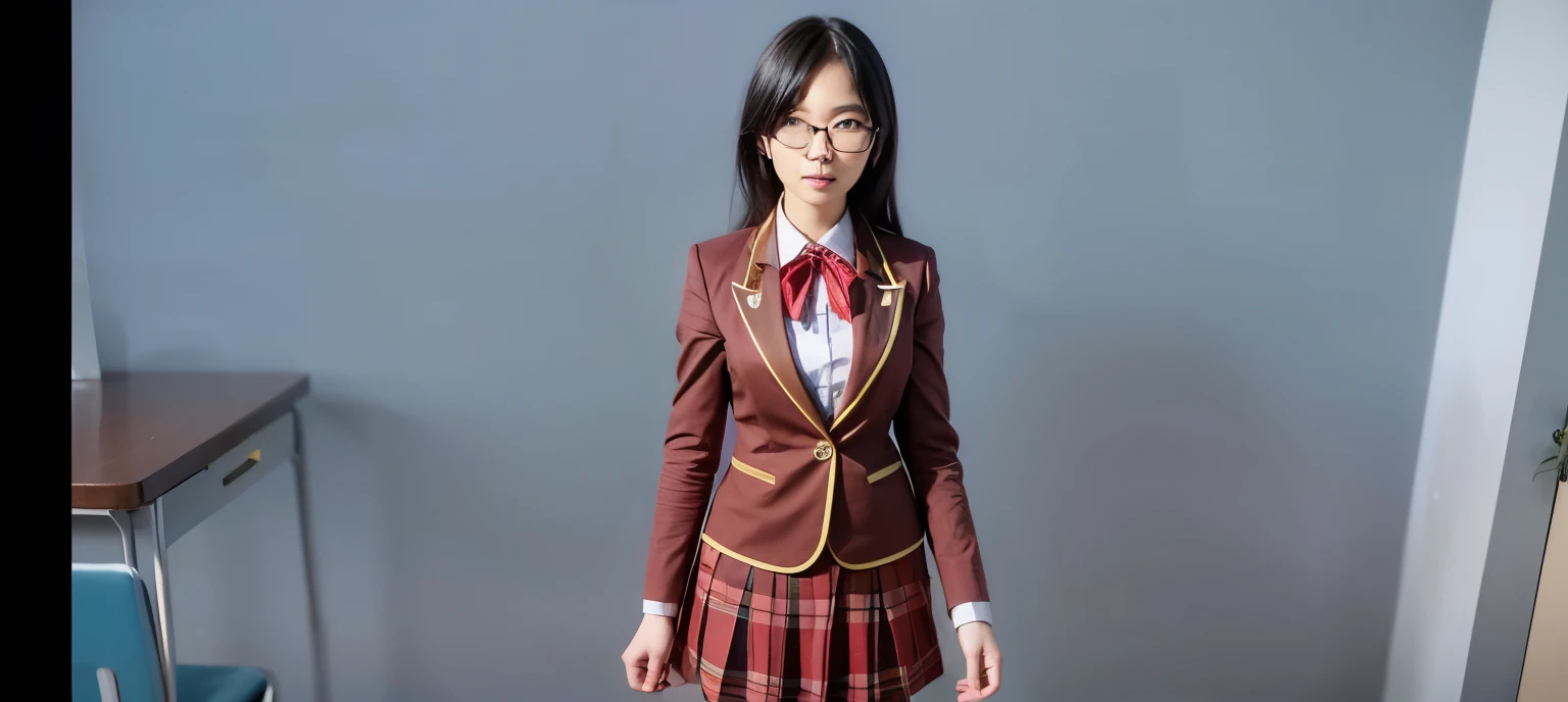 Japanese woman, black hair, wearing blue glasses, school uniform