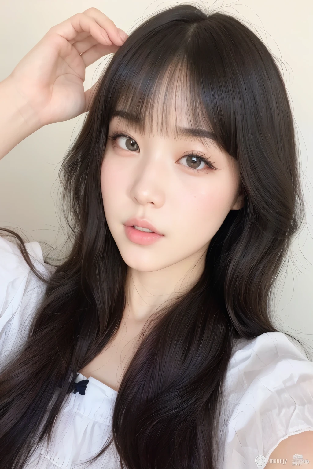 um close up de uma mulher com cabelos longos vestindo uma camisa branca, Ulzzang, maquiagem sul-coreana popular, maquiagem coreana popular, young lovely korean face, adorable and pale korean face, rosto de anime natural fofo, Korean facial features, Menina coreana, Retrato realista kawaii, com lindos olhos apaixonados, garota cara fofa, cabelo preto e olhos grandes