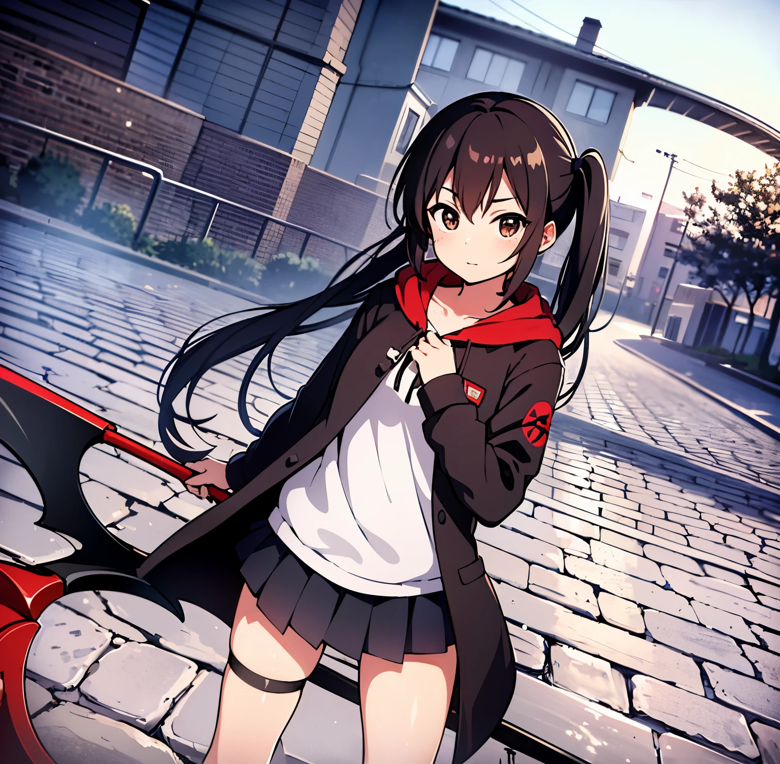 ((masterpiece)), ((high quality)), ((best quality)),8k wallpaper, 1 girl, a girl walking on cobblestone street, ((local cobblestone street background)),afternoon time,people walking, anime best girl, young anime girl, anime K-On!,Nakano Azusa,balck hair,(long twintail),(brown eyes),((holding scythe)),flat breast,((red hood overcoat)),short skirt,leg harness,dutch angle, cowboy shot