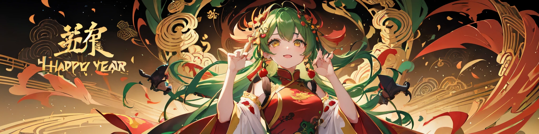 1girl, chibi, (green hair), yellow eyes, detailed beautiful face and glowing eyes, happy, happy face,
(new year), (chinese dragon), red background,dress,chinese clothes,red dress,china dress,
8k, ultra detail, very complicated background, swaying hair