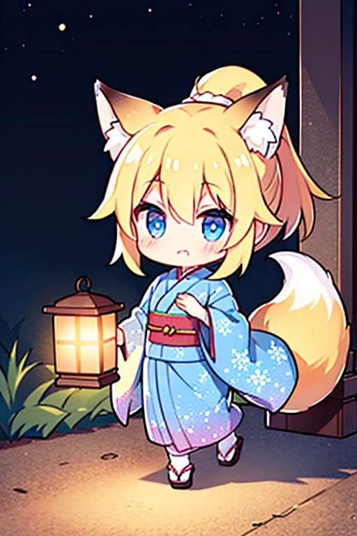 1 girl、blonde hair ponytail、Fox eared tail、floral kimono、foxfire、cute、Chiblin with a lantern、shrine background、chibi character、(High resolution of the highest quality)、[[Tangled fingers]]