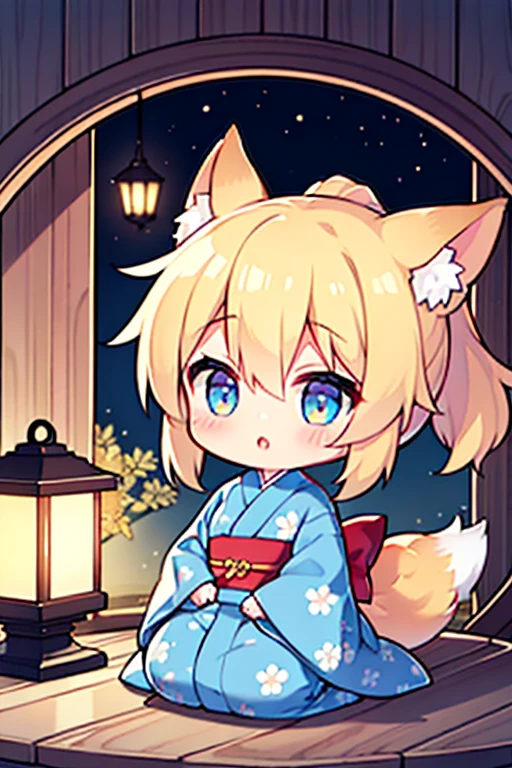 1 girl、blonde hair ponytail、Fox eared tail、floral kimono、foxfire、cute、Chiblin with a lantern、shrine background、chibi character、(High resolution of the highest quality)、[[Tangled fingers]]