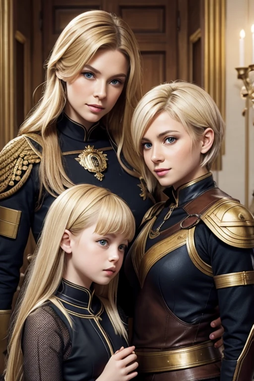 russian family, mom and daughter, mom with short hair, general, blondes, perfect face, roman armor, protect her daughter, daughter with long hair, lesbians intimacy