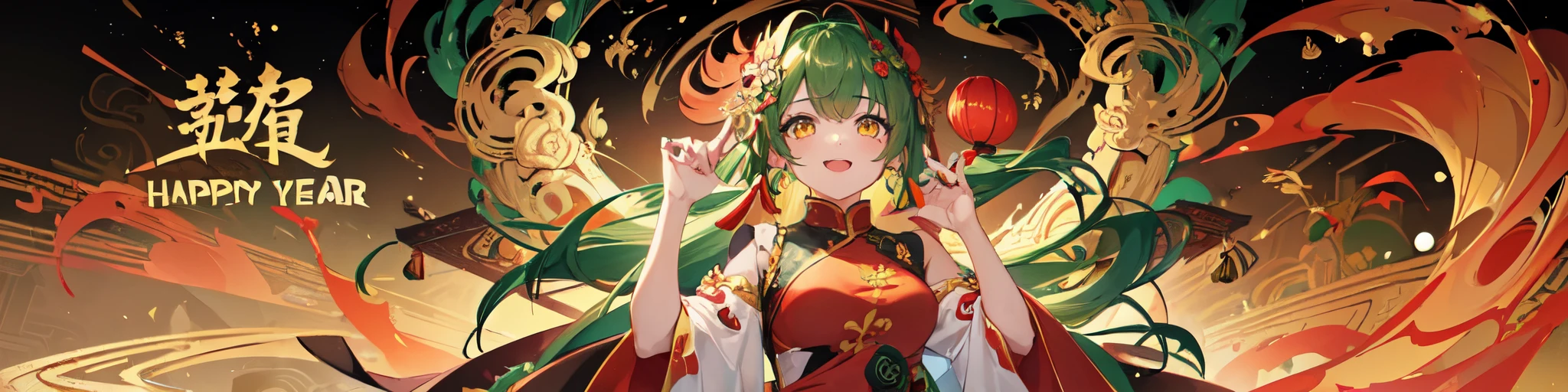 1girl, chibi, (green hair), yellow eyes, detailed beautiful face and glowing eyes, happy, happy face,
(new year), (chinese dragon), red background,dress,chinese clothes,red dress,china dress,
8k, ultra detail, very complicated background, swaying hair