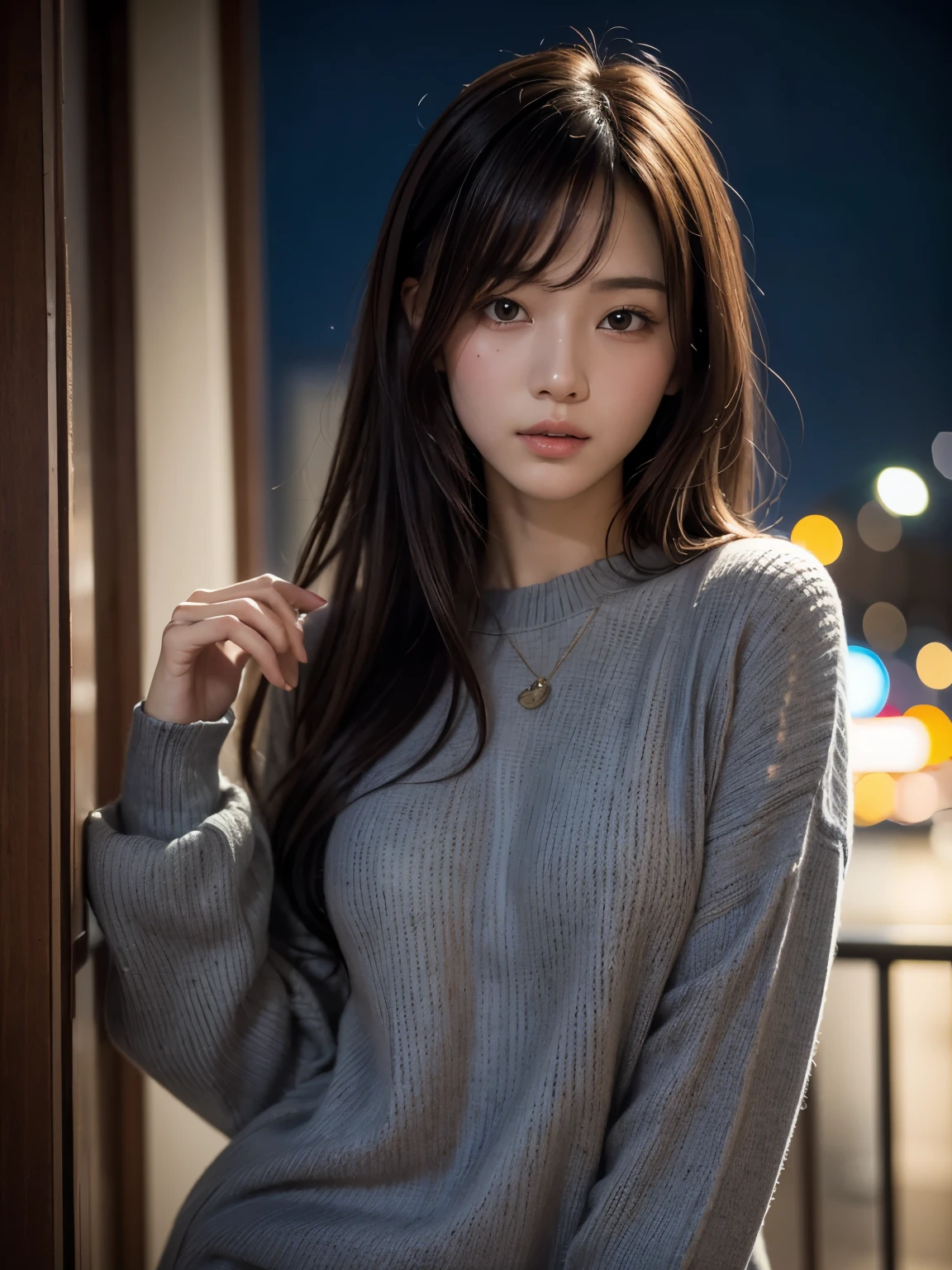 masterpiece、1 beautiful girl、detailed eye、puffy eyes、highest quality, Super high resolution, (reality: 1.4), movie lighting、asian beauty、Korean、Super beautiful、beautiful skin、Slender、body facing forward、(surreal)、(High resolution)、(8K)、(very detailed)、(beautiful detailed eyes)、(super detailed)、 (wall-)、detailed face、bright lighting、professional lighting、looking at the viewer、look straight ahead、Gray knitwear、slanted bangs、night scene、brown hair、19 years old、expensive,