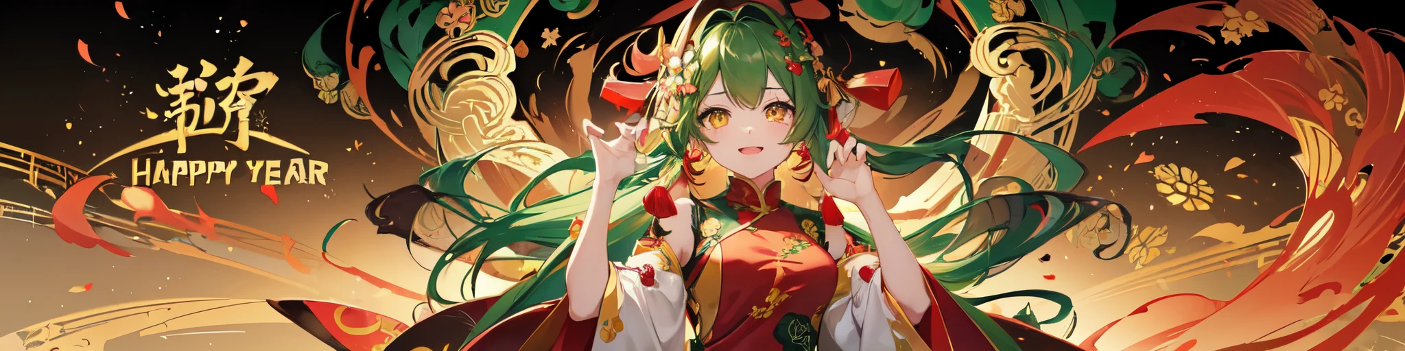 1girl, chibi, (green hair), yellow eyes, detailed beautiful face and glowing eyes, happy, happy face,
(new year), (chinese dragon), red background,dress,chinese clothes,red dress,china dress,
8k, ultra detail, very complicated background, swaying hair