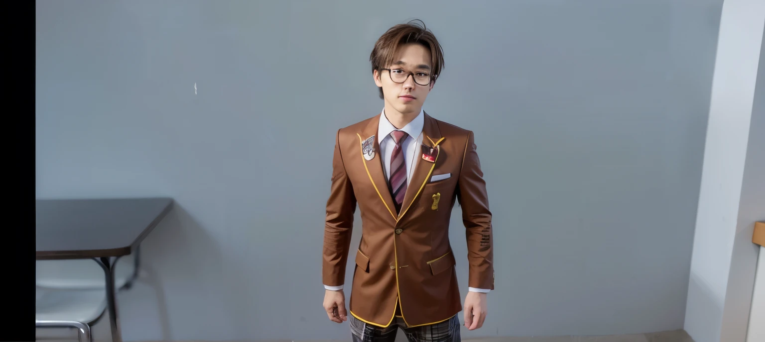 Japanese man, light brown hair, wearing glasses, school uniform