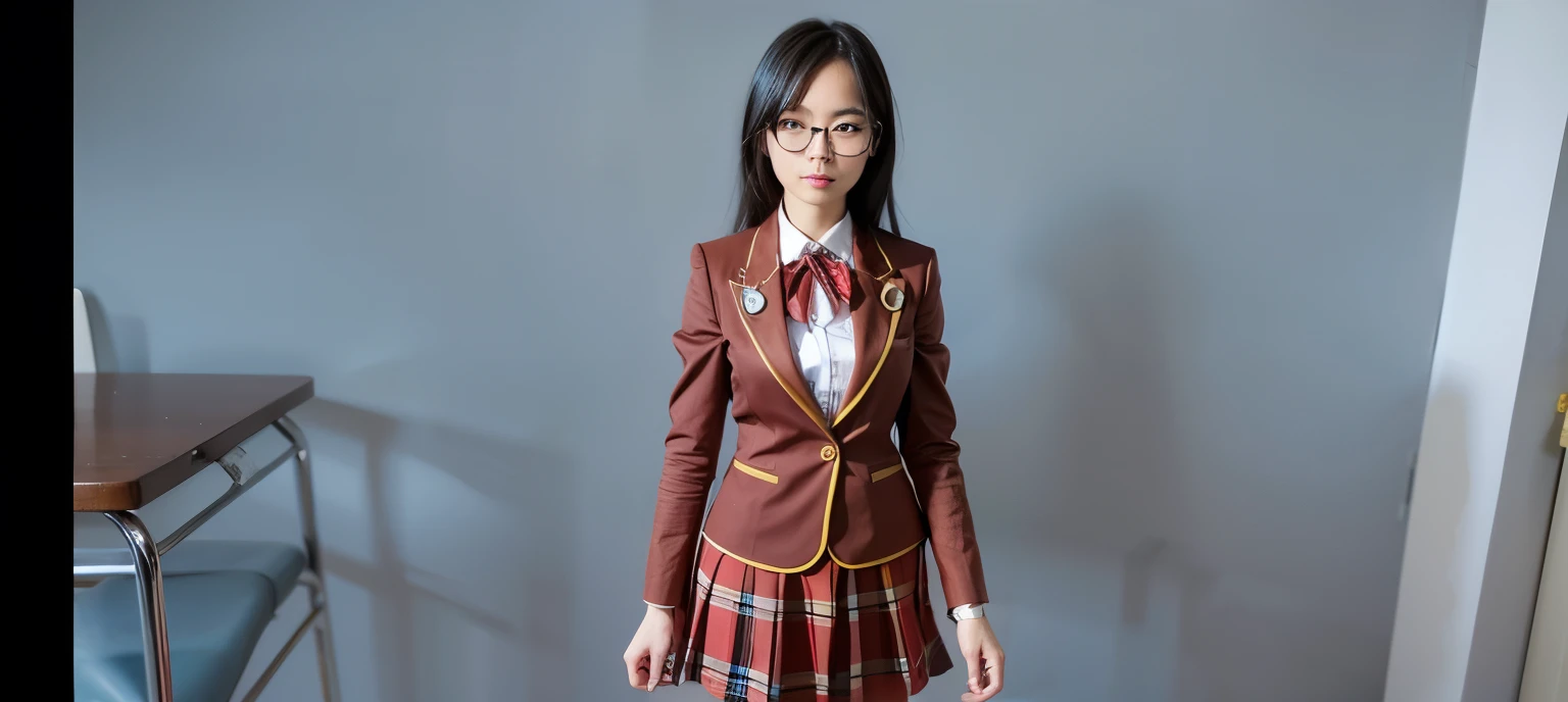 Japanese woman, black hair, wearing glasses, school uniform
