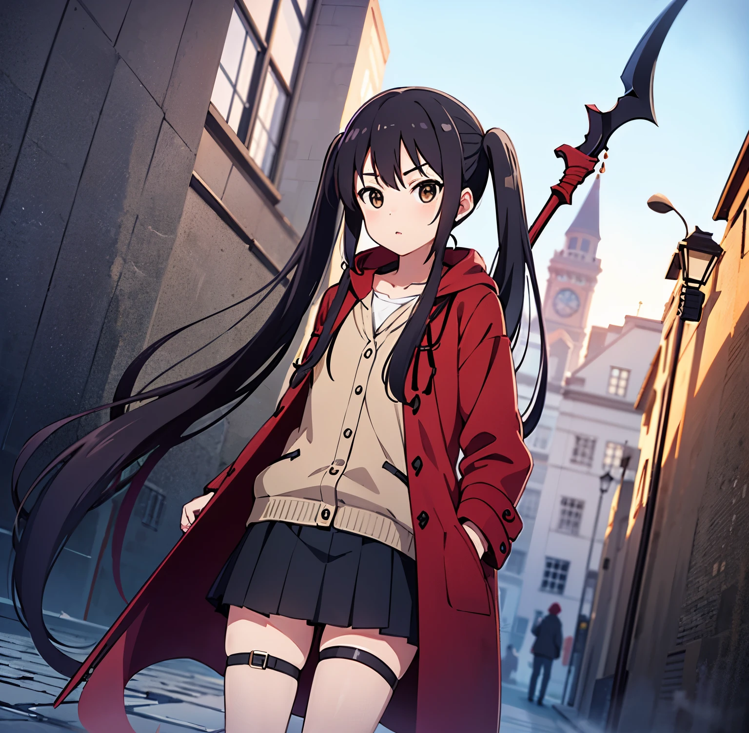 ((masterpiece)), ((high quality)), ((best quality)),8k wallpaper, 1 girl, a girl walking on cobblestone street, ((local cobblestone street background)),afternoon time,people walking, anime best girl, young anime girl, anime K-On!,Nakano Azusa,balck hair,(long twintail),(brown eyes),((holding scythe)),flat breast,((red hood overcoat)),short skirt,leg harness,dutch angle, cowboy shot