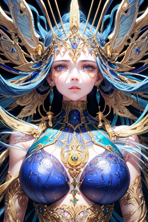 Egyptian goddess, blue hair, yellow eyes, blue wings, Egyptian style, sexy, big breast, perfect body, Gold and blue, Luxurious theme, sensuality, face detail, Masterpiece, best quality, ultra detail, High resolution, 8k, UHD, ultra realistic, Amazing, Beautiful goddess,
