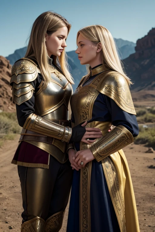 russian family, mom and daughter, mom with short hair, general, blondes, perfect face, roman armor, protect her daughter, daughter with long hair, lesbians intimacy