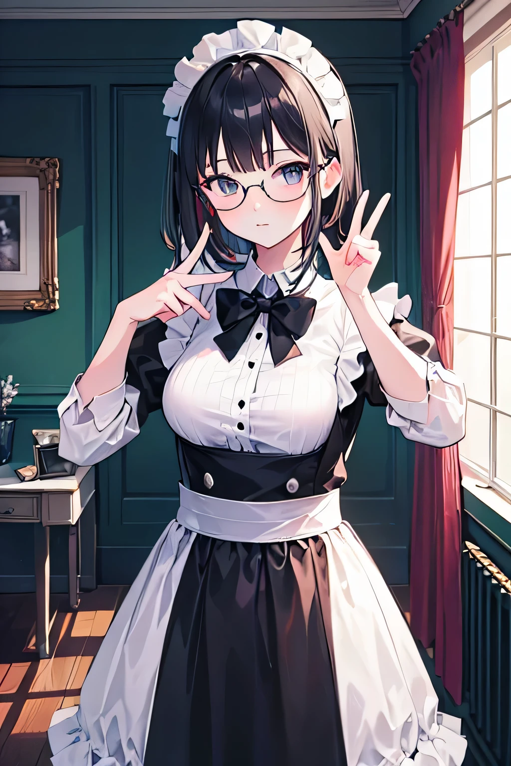 masterpiece, highest quality, 1 girl, beautiful body, indoor, room, black and white maid outfit, Glasses, Medium short body,, beautiful pose, sleeveless, peace, Slightly unbuttoned