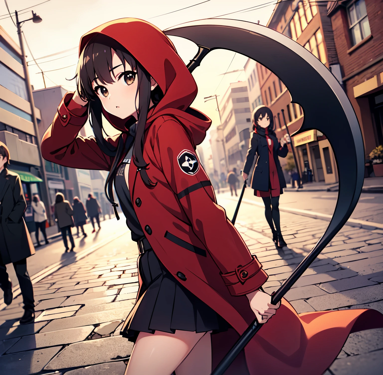 ((masterpiece)), ((high quality)), ((best quality)),8k wallpaper, 1 girl, a girl walking on cobblestone street, ((local cobblestone street background)),afternoon time,people walking, anime best girl, young anime girl, anime K-On!,Nakano Azusa,balck hair,long twintail,(brown eyes),((holding scythe)),flat breast,((red hood overcoat)),(hood cover head),short skirt,leg harness,dutch angle, cowboy shot