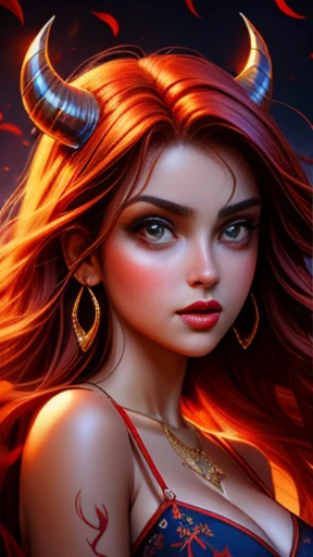 (( masterpiece)), (( best quality)), ( medium full shot: 1.0),uma mulher com cabelos ruivos e chifres de diabo, ( chifres de diabo: 1.0) em frente a uma fogueira, beautiful together, cosubedieval, together, garota demon, vermelho brilhante, vermelho brilhante eyes, with vermelho brilhante eyes, with olhos vermelhos brilhantes, olhos vermelhos brilhantes, demon, Alena Aenami e Artgerm, together in sundress portrait