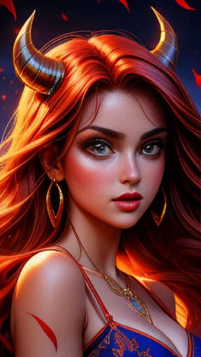 (( masterpiece)), (( best quality)), ( medium full shot: 1.0),uma mulher com cabelos ruivos e chifres de diabo, ( chifres de diabo: 1.0) em frente a uma fogueira, beautiful together, cosubedieval, together, garota demon, vermelho brilhante, vermelho brilhante eyes, with vermelho brilhante eyes, with olhos vermelhos brilhantes, olhos vermelhos brilhantes, demon, Alena Aenami e Artgerm, together in sundress portrait