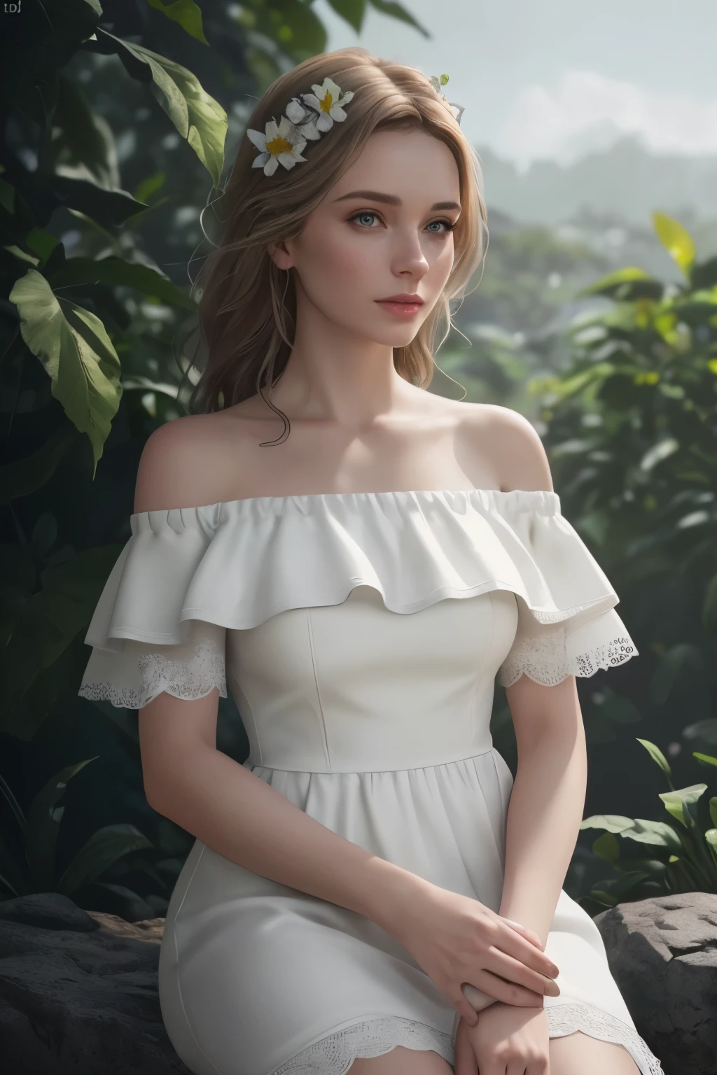((ba young German woman in an off-the-shoulder white short summer dress, ultra hd, realistic, vivid colors, highly detailed, UHD drawing, pen and ink, perfect composition, beautiful detailed intricate insanely detailed octane render trending on artstation, 8k artistic photography, photorealistic concept art, soft natural volumetric cinematic perfect lightest quality)), ((masterpiece)), (detailed), perfect face