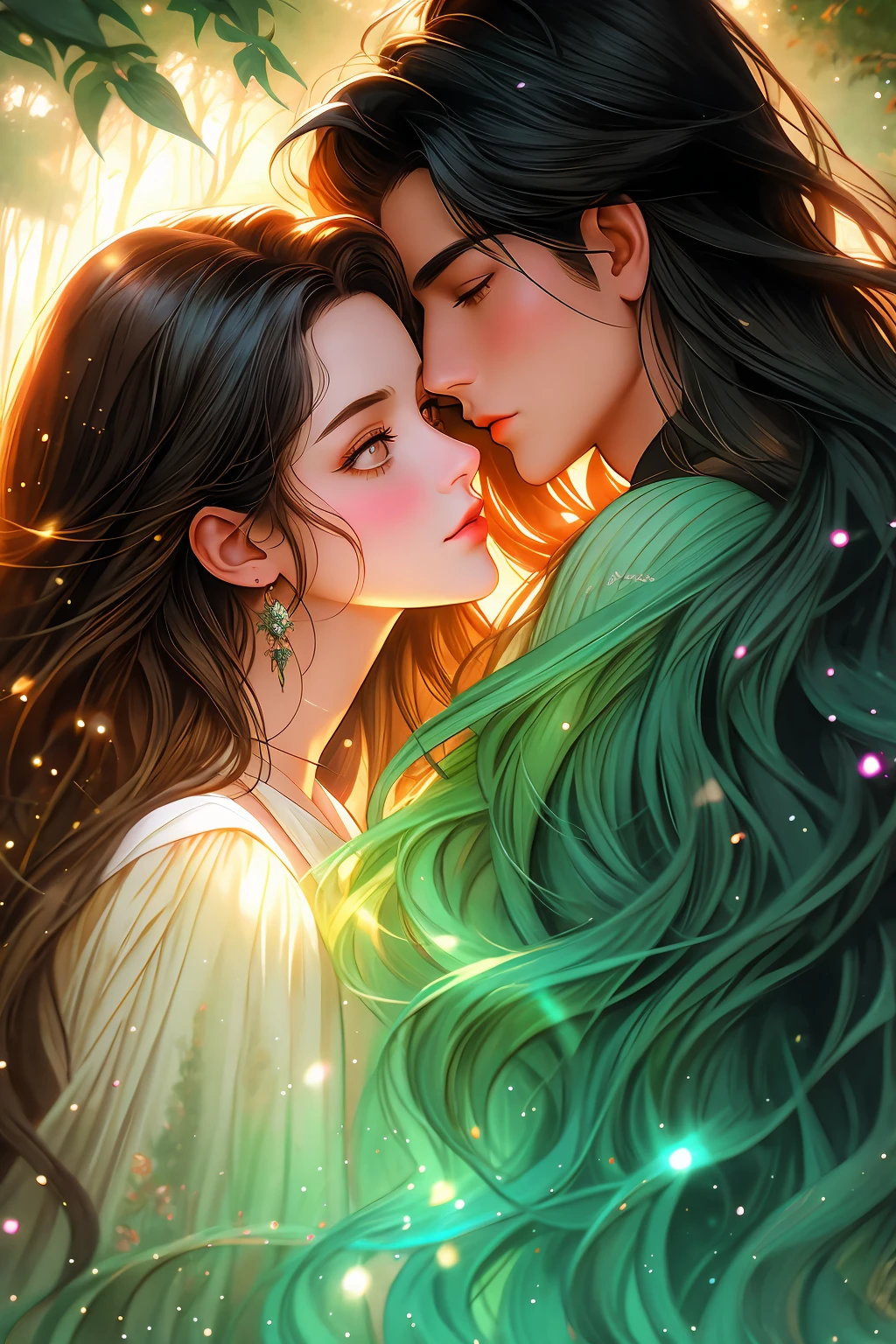 they are kissing in the woods with a light shining on them, magali villeneuve', romantic painting, beautiful digital artwork, charlie bowater and artgeem, graphic artist magali villeneuve, lovely kiss, inspired by Magali Villeneuve, magali villeneuve and monet, beautiful digital illustration, beautiful digital art, gorgeous digital painting