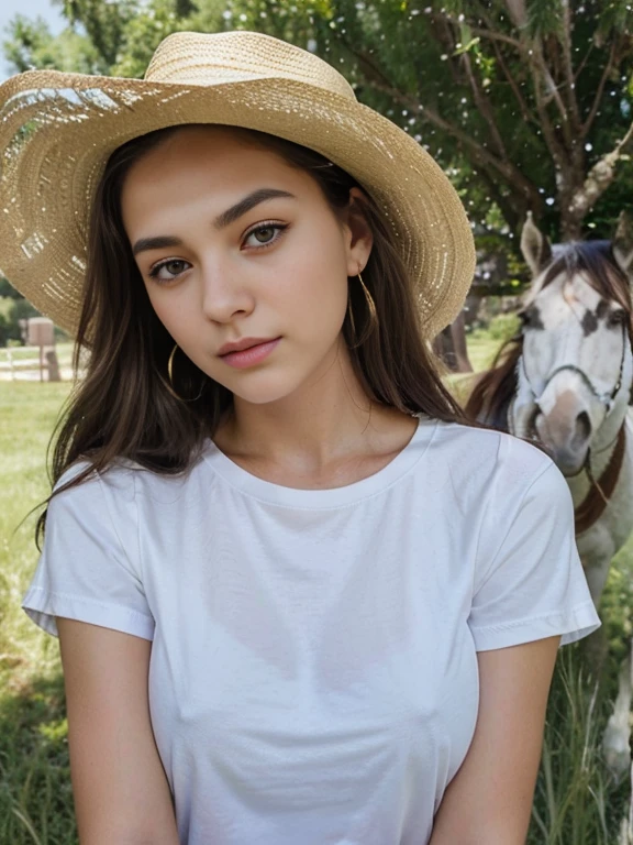 Photo of a 20 year old brunette woman, that  has a very natural face,  thin lips, thin eyes, thin eyebrows, thin nose, earrings, long eyelashes. She makes a cute selfie with a horse in a grass area. Dressing a white t-shirt and a cowboy's hat