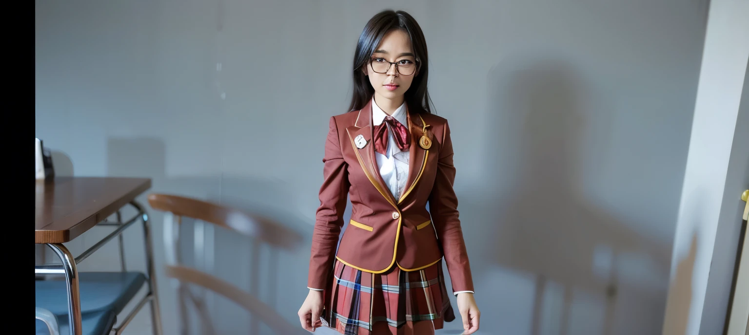 Japanese woman, black hair, asian nose, wearing glasses, school uniform