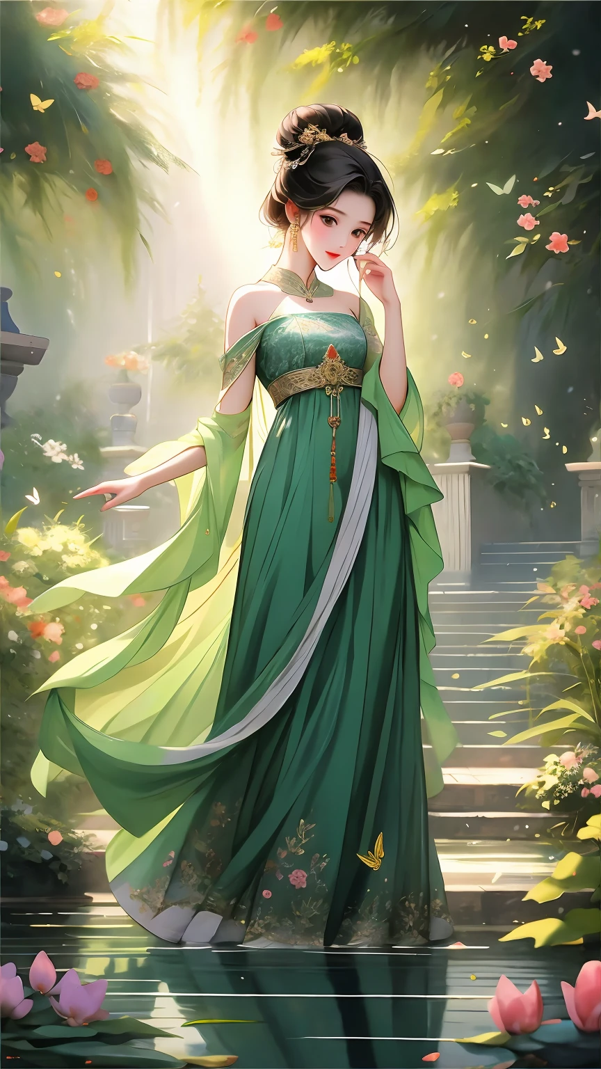 A girl in ancient costume，She has beautiful and delicate eyes，Red lips and white teeth。Her figure is elegant，Standing in an ancient and peaceful garden。She wears gorgeous clothes，The hem of the skirt floats gently，As if dancing in the breeze。The garden is full of various flowers and plants，Vibrant colors and aromas fill the air。Girl&#39;s hair neatly combed，Jeweled bun gleams。The sun shone on her through the gaps in the leaves，Added a warm glow to her skin。

The quality of this painting is very high，Can achieve the best picture quality，Reveal 4K or 8K details。The picture is very realistic，As real as a photo。Professional lighting effects are used in the picture，Makes girls’ skin more delicate，The interweaving of light and shadow creates a realistic effect。The details in the picture are very fine，Everywhere shows the artist’s care and skill。The colors are full and vivid，Let people intuitively feel the beauty of the garden and the beauty of the girl。

the painting draws on traditional oil painting styles，Presenting a strong artistic atmosphere。Warm tones，Give people a warm and close feeling。The light in the picture is soft and bright，Adds a peaceful atmosphere to the whole scene。

at last，Some additional details were added to the painting，Like butterflies dancing in the garden，The stream is flowing with clear water，Adds vividness and vitality to the scene。The whole painting is full of poetry and romance，Provides viewers with a sense of tranquility and pleasure。