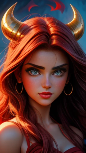 (( masterpiece)), (( best quality)), ( medium full shot: 1.0),uma mulher com cabelos ruivos e chifres de diabo, ( chifres de diabo: 1.0) em frente a uma fogueira, beautiful together, cosubedieval, together, garota demon, vermelho brilhante, vermelho brilhante eyes, with vermelho brilhante eyes, with olhos vermelhos brilhantes, olhos vermelhos brilhantes, demon, Alena Aenami e Artgerm, together in sundress portrait