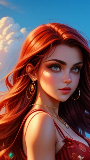 (( masterpiece)), (( best quality)), ( medium full shot: 1.0),uma mulher com cabelos ruivos e chifres de diabo, ( chifres de diabo: 1.0) em frente a uma fogueira, beautiful together, cosubedieval, together, garota demon, vermelho brilhante, vermelho brilhante eyes, with vermelho brilhante eyes, with olhos vermelhos brilhantes, olhos vermelhos brilhantes, demon, Alena Aenami e Artgerm, together in sundress portrait