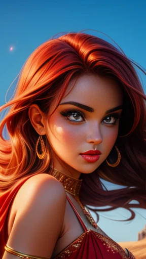 (( masterpiece)), (( best quality)), ( medium full shot: 1.0),uma mulher com cabelos ruivos e chifres de diabo, ( chifres de diabo: 1.0) em frente a uma fogueira, beautiful together, cosubedieval, together, garota demon, vermelho brilhante, vermelho brilhante eyes, with vermelho brilhante eyes, with olhos vermelhos brilhantes, olhos vermelhos brilhantes, demon, Alena Aenami e Artgerm, together in sundress portrait