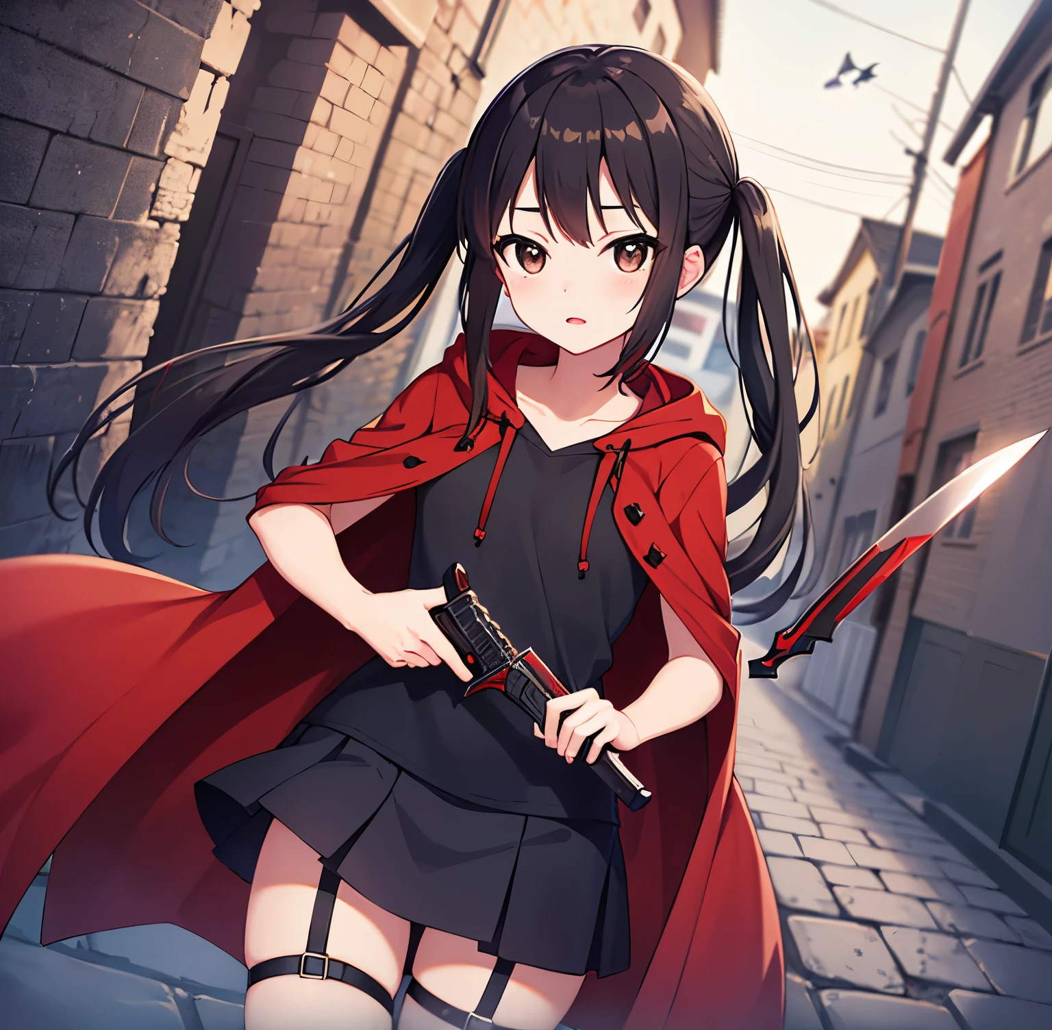 ((masterpiece)), ((high quality)), ((best quality)),8k wallpaper, 1 girl, anime girl walking down a cobblestone street, (((local cobblestone street background))),afternoon time, anime best girl, young anime girl, anime K-On!,Nakano Azusa,balck hair,long twintail,(brown eyes),((holding dual dagger)),flat breast,((red hood overcoat)),(hood cover head),short skirt,leg harness,dutch angle, cowboy shot