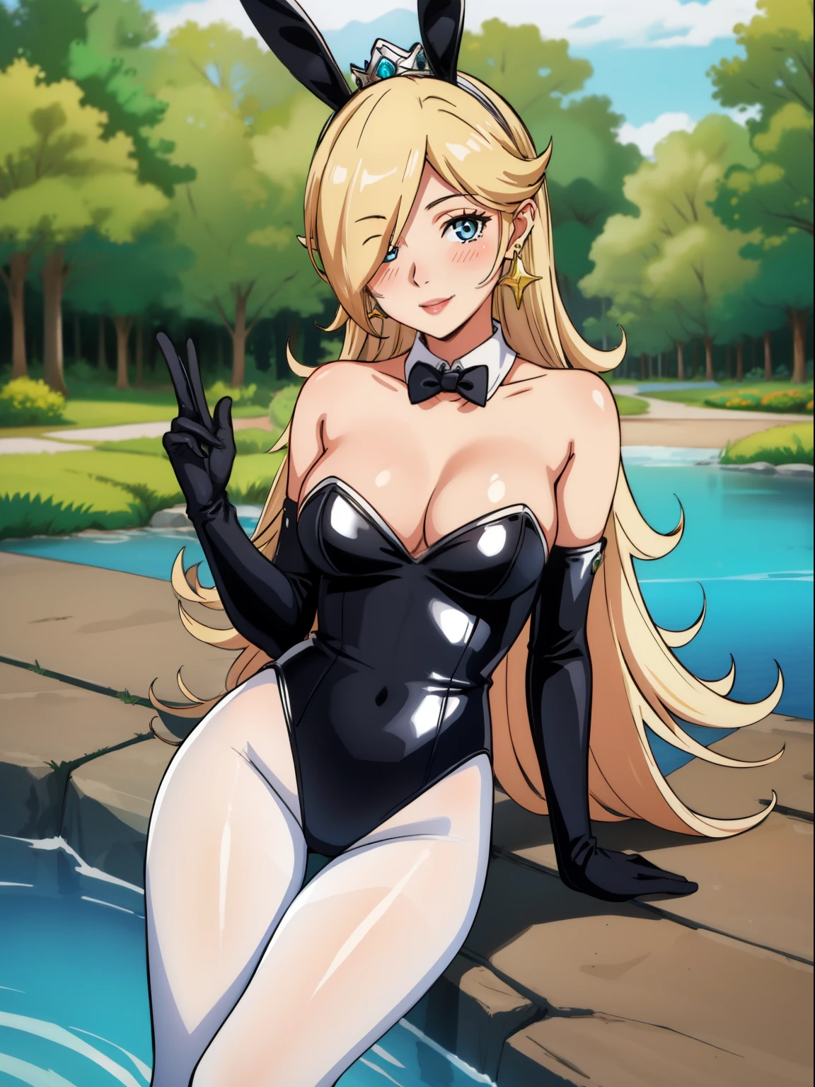 rosalina, crown ,1girl, solo, perfect breasts, ,earrings glossy lips ,looking at viewer, blush, large breasts, nature, pond, trees, park, long white elbow satin gloves, holding, animal ears, cleavage, bare shoulders, jewelry, very l, gentle smile, pantyhose, earrings, fake rabbit ears, black leotard, fake animal ears bunny, long white elbow gloves
