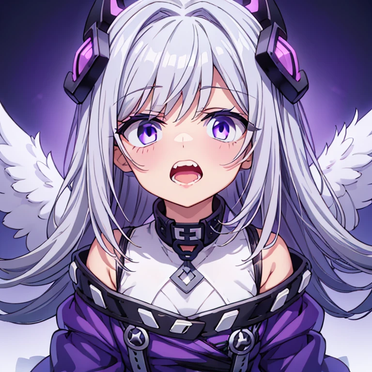 gray hair Purple pupils Angel Jagged teeth open mouth Full of cavities