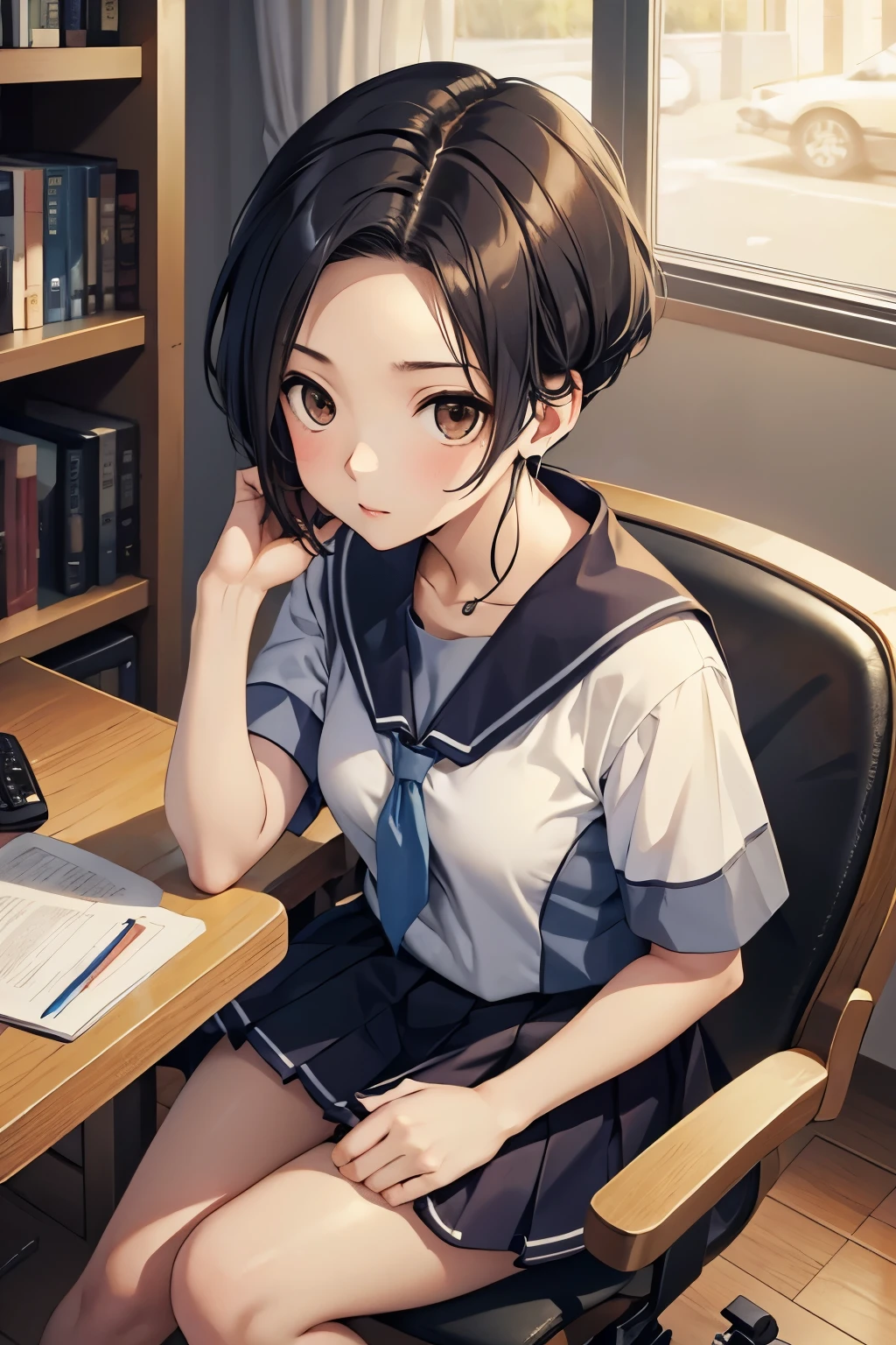  (masterpiece, best quality:1.2), solo, 1girl, kobayakawa rinko, expressionless, looking at viewer, sitting, chair, earphones, school uniform, serafuku, skirt, indoors, library 