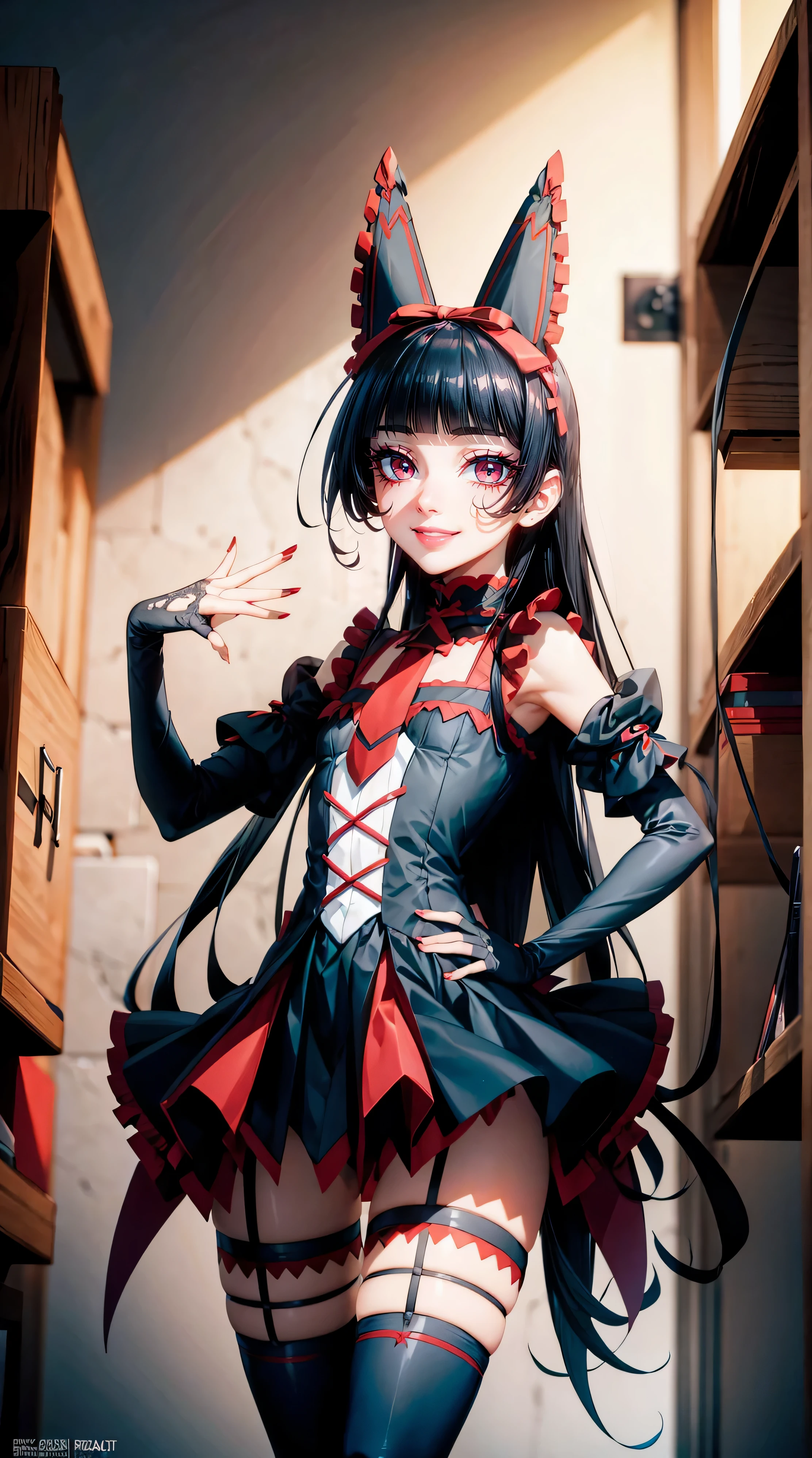 Rory Mercury, Rory Mercury, Black hair, blunt bangs, hime cut, hair ornament, black lipstick, long hair, Beautiful face, draw up, (A small chest:1.2), (Red eyes:1.5), BREAK Готическое нижнее белье, perfect body (small breasts:1.3) horney, BREAK в полный рост, red boots, BREAK Черные чулки, Черные gloves BREAK, черные Hips, garter belts, gloves, Gothic, Bow, Detailed Gothic Fashion, puffy short sleeves, puffy sleeves, short sleeves, Hips, BREAK, starry night sky, night city, BREAK смотрит на зрителя, BREAK (masterpiece:1.2), Best quality, a high resolution, Ultra HDR, Unity 8k Wallpaper, (illustration:0.8), (beautiful detailed eyes:1.6), very detailed face, perfect lighting, extremely detailed computer graphics, (perfect hands, Perfect Wrist, two arms, five fingers on the hand, red manicure, detailed fingers, perfect anatomy),