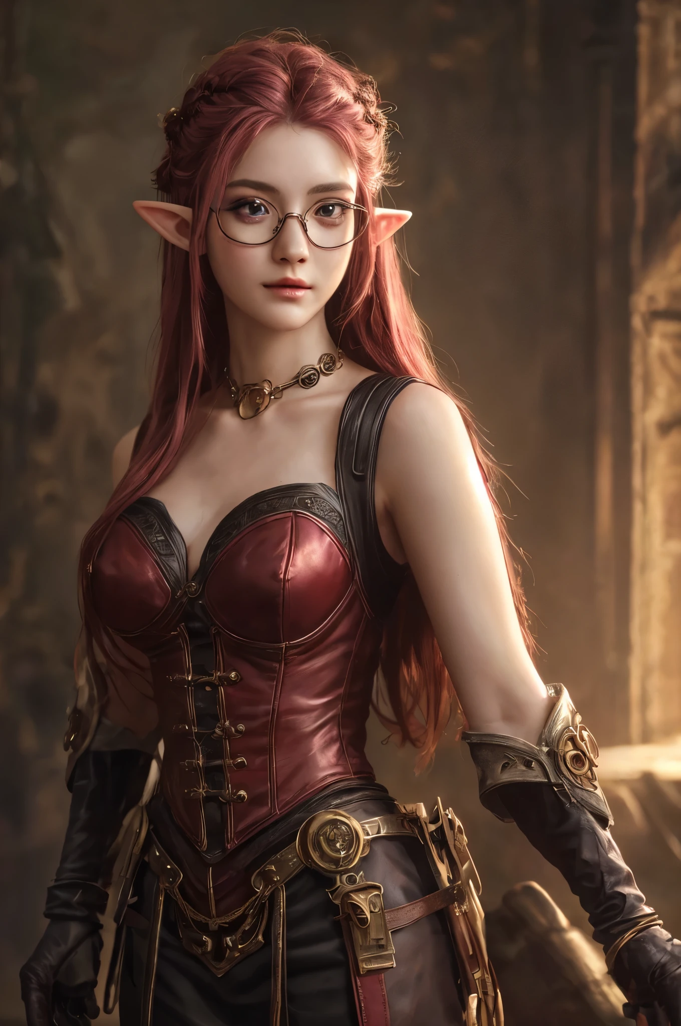 (Realisttic:1.2), analog photo style, Beautiful Elf woman, posing, with freckles and goggle glasses and long pink hair braided, (steampunk dark fantasy atmosphere), soft natural light, cute and sexy, great quality, Masterpiece, detailed strange background, better performance, 16k quality, RAW photo