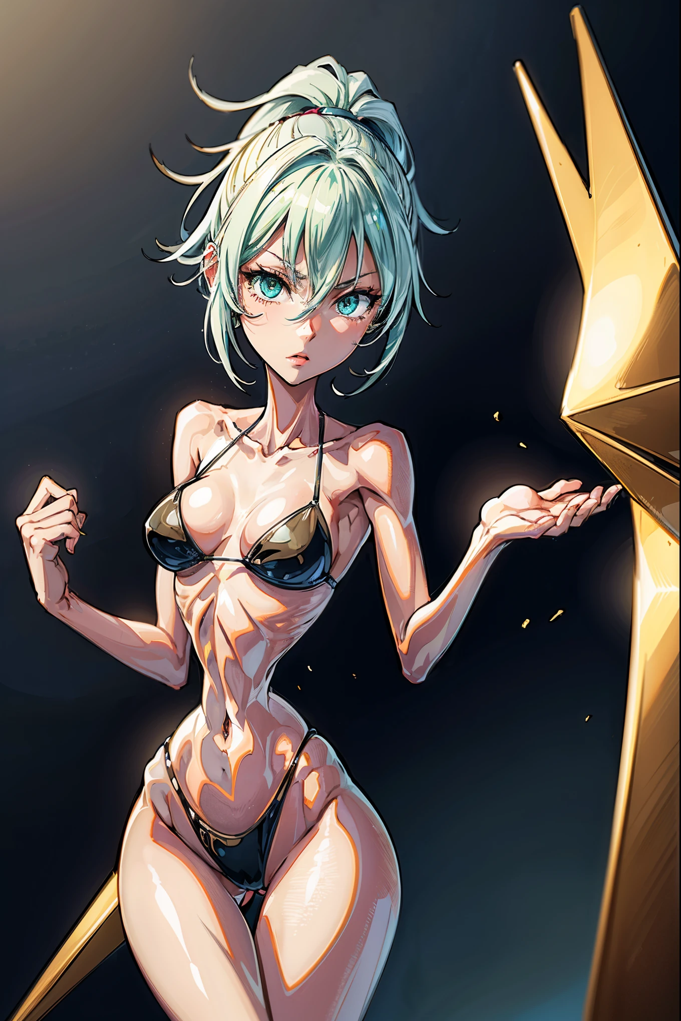 (Best quality:1.2),(Masterpiece:1.2),(Ultra-detailed:1.2),(Hyper-realistic), hyper HD,HighestQuali,(Extremely thin and slender body:1.2),extremely slender and thin leg,Extremely correct hand structure,Ultimate hand detail,(extremely thin body:1.3),(extremely slim body:1.3),bikini,坐在床上,(extremely skinny:1.2), (extremely boney:1.1),kawaii